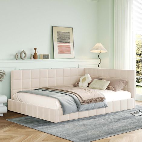 Lit banquette 140x200 cm beige en velours, dossier réversible gauche/droite, accoudoir rembourré, sommier 12 lattes inclus, sans matelas (1/5)