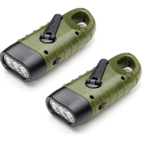 Lanterne solaire rechargeable (lot de 2), lampe de poche LED d'urgence alimentée par dynamo avec manivelle et mousqueton pour la randonnée, vert milit