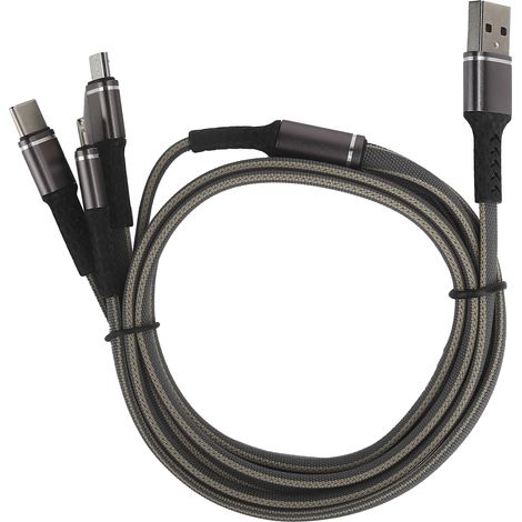 Câble de charge triple 3A avec ports Type-C, Lightning et Micro USB, 1,2 mètres (Gris) (1/5)