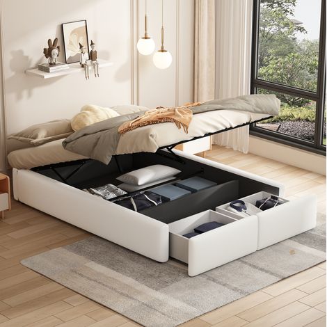 Lit 140x200 cm blanc – rangement hydraulique et 2 tiroirs, sans matelas (1/5)