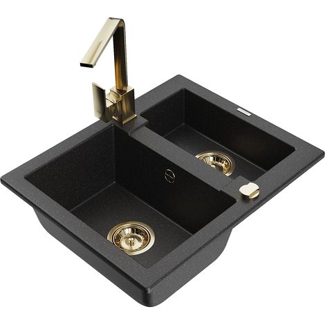 Mexen Carlos granitspüle 1,5-kammerig mit Küchenarmatur Rita, schwarz/silber-metallic - 6518-73-670300-50 (1/5)