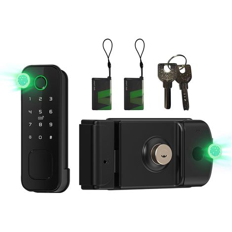 Serrure WiFi Jardin 5-en-1, Double Empreinte et Carte, (Noir) Étanche IP66, double empreinte et carte pour ouverture complète, connexion WiFi, parfait pour portail de jardin (1/5)