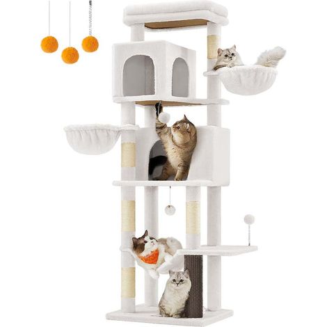 Arbre à chat tour à chat de 175 cm de haut abri à chat multi-niveaux avec 2 niches 2 paniers 5 griffoirs toilettage autonome perchoir hamac gris tourterelle (1/2)