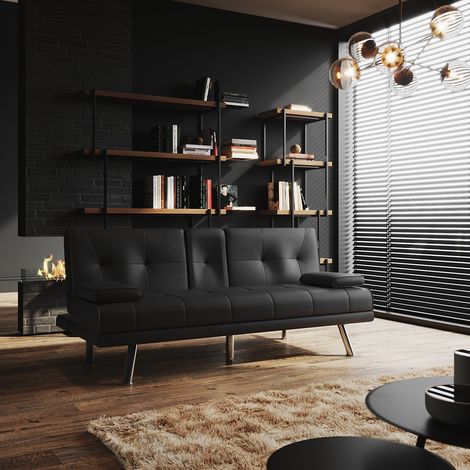 ELEGANT 3 Seater Sofa Bed Settee Recliner Couch Fabric Sofa Cover Click Clack Sofa Bed with Arms, Cup Holder, Chrome Legs, Black 1820 x 880 x 830 mm (1/5)
