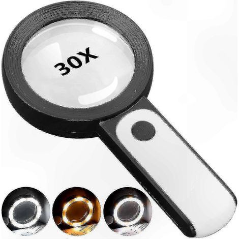 Loupe grossissante 30x avec éclairage intégré, idéale pour la lecture et les travaux manuels. Modèle portable avec éclairage intégré.