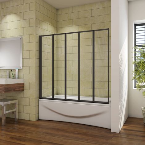 Mamparas Bañera Tina Pantalla Cristal 4mm Biombo 5 veces Plegable vidrio templado Perfil Negro Mate Baño Ducha 120x140cm (1/4)