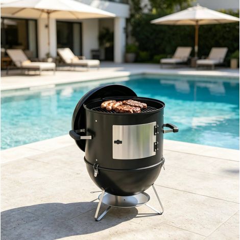 Fumoir barbecue au charbon en métal et aluminium, 3 grilles de cuisson Ø44 cm sur 3 niveaux, thermomètre intégré, ventilation réglable et porte pratique, 10 kg max – CHICFURN (1/5)