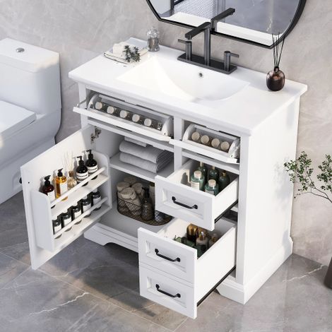 Tocador de 36 pulgadas con lavabo, lavabo de cerámica, 2 cajones abatibles, bisagras de cierre suave, blanco (1/5)