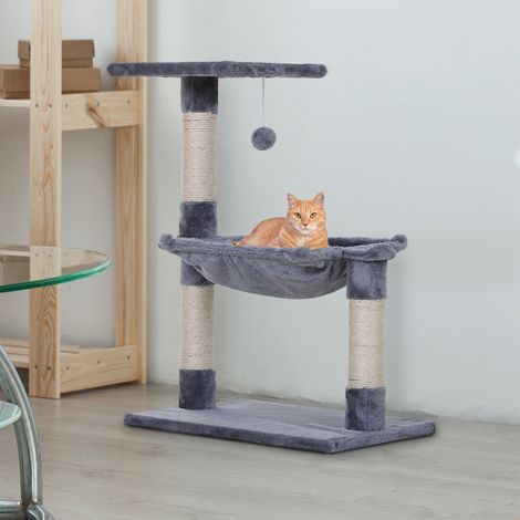 Arbre à chat 70 cm, petits chats, hamac, grande plateforme, colonne sisal, boule peluche, petite tour, gris