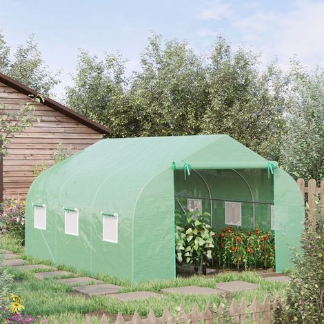 Serre Tunnel de Jardin 10.5 m² dim. 3.5L x 3l x 2H m Porte + 6 fenêtres enroulables Acier galvanisé bâche PE Haute densité Vert