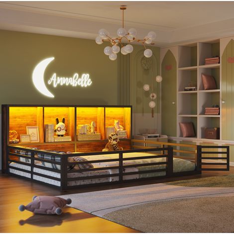 Lit enfant 140 x 200 cm style daybed en métal noir avec rangements latéraux et LED (1/5)