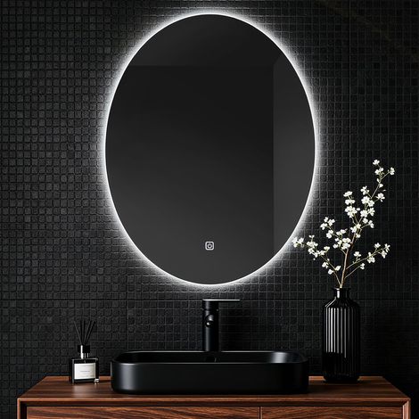 Miroir mural rond de salle de bain avec éclairage, miroir avec lumière LED, interrupteur tactile et 3 couleurs à intensité variable (Elliptique, 70L x 50l cm) (1/5)