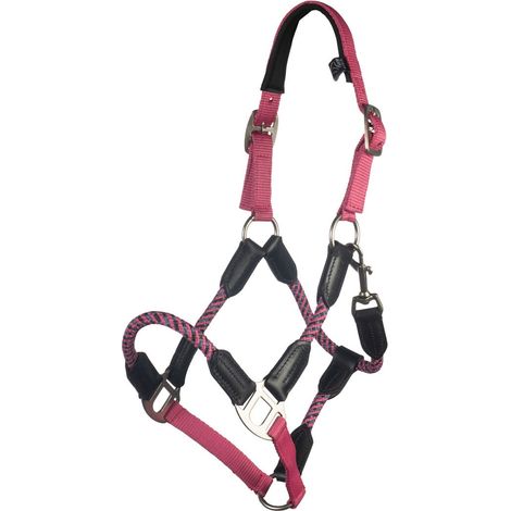 Pony, rosa: Cavezza in nylon e pelle per pony modello Nele con nasalina e sopratesta imbottiti