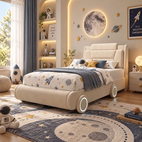 Lit voiture enfant rembourré 90x200cm, tête de lit réglable sur 2 hauteurs, dossier épais style siège auto et roues LED, velours beige
