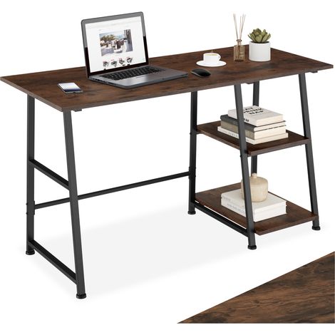 Bureau Style industriel étagère avec 2 espaces de stockage bois foncé