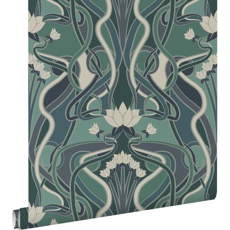 papier peint fleurs vintage de style art nouveau vert grisé et bleu - ESTAhome (1/5)