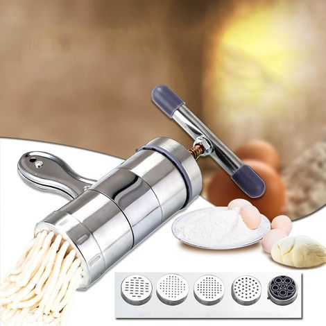 Manual Press Pasta Machine, Machine de fabrication de nouilles à main en acier inoxydable avec 5 moules de nouilles, pour restaurant familial (13,7 x 6 cm) (1/5)