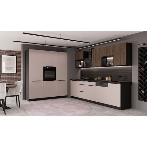 Küche ARONA + MONZA LOFT 280 + 180 cm Küchenzeile Küchenblock Einbauküche Kaschmir beige matt + Nußbaum + Schwarz matt (1/5)