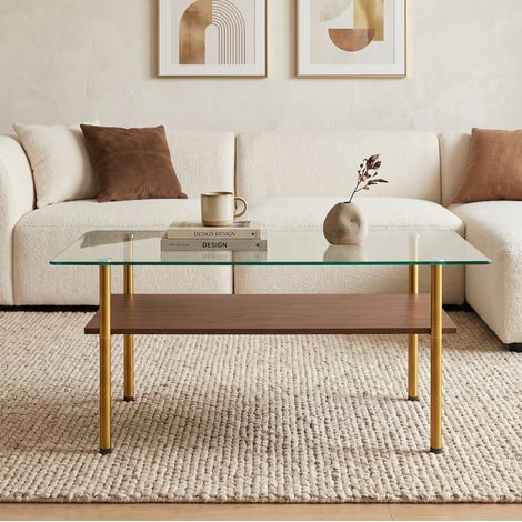 Mesa de centro (98x58x45 cm), diseño moderno, doble nivel, vidrio templado, MDF, metal, marrón y dorado (1/5)
