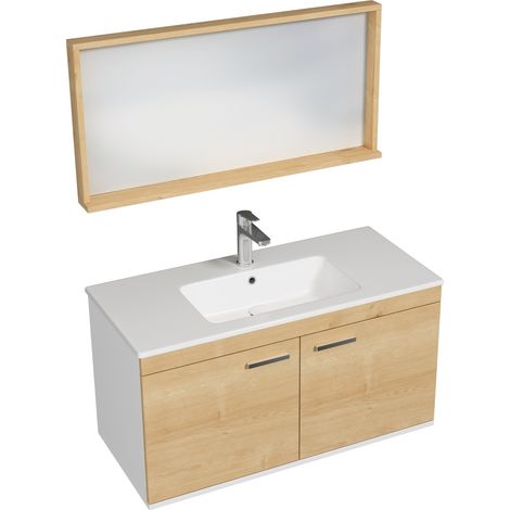 RUBITE Meuble salle de bain simple vasque 2 portes chêne clair largeur 100 cm + miroir cadre