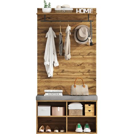 Garderobe d'entrée compacte 175 cm, banc à chaussures rembourré, étagère réglable, tringle et crochets, effet bois clair, 84 cm, pour petit couloir - CHICFURN (1/5)