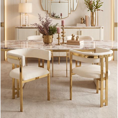 Set di 6 sedie da pranzo con schienale semicircolare a C, in chenille, beige e oro (1/5)