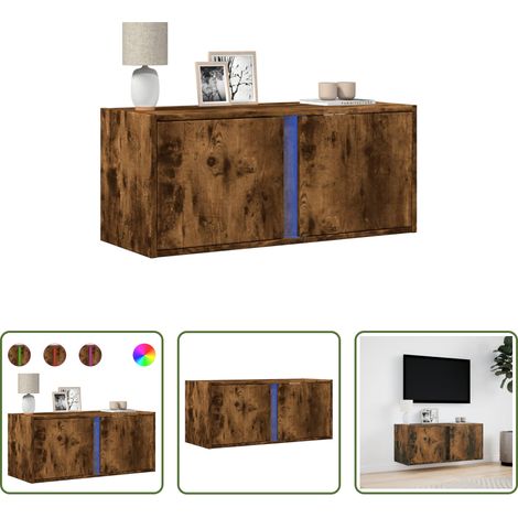 Armoire TV murale - Meuble TV mural avec lumières LED chêne fumé 80x31x35 cm (1/5)