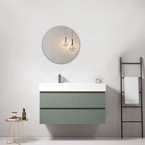 Mobile bagno sospeso cannettato 100 cm Verde Salvia Lavabo a Sinistra in Resina Specchio Tondo - Fiji Paint (1/4)