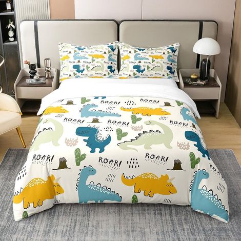 Mignon Dessin Animé Dinosaure Housse De Couette 100% Coton Dino Parure De Lit Enfants Garçons Filles Jungle Animaux Sauvages 220x240cm 65x65cm - 220 x 240 cm + 2 taies d'oreiller 65 x 65 cm (1/5)