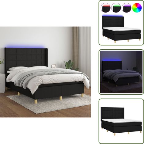 Sommier à lattes de lit matelas et LED Noir 140x200 cm Tissu - Sommier Tapissier - Lit Avec Led - Matelas À Ressorts Ensachés - Tête De Lit Ajustable - Éclairage LED (1/5)