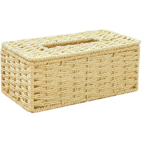 BEBUSINGOTO Beige boîte de mouchoir en rotin, couvercle rectangulaire, tissé à la main, support en osier, corde de papier, plateau de serviette, bohème été plage partie décoration boîte 22  12  9cm (1/3)