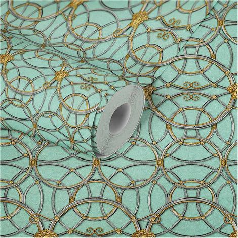 Papier peint vert Art déco avec cercles dorés Tapisserie motif Médusa pour couloir Papier peint chic pour salon & chambre (1/5)