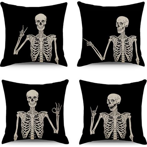 Set mit 4 Halloween-Totenkopf-Sofakissenbezügen aus Leinen (45x45 cm) (1/3)