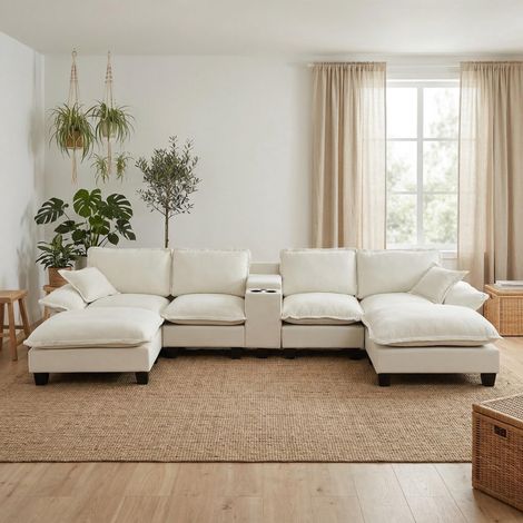 Canapé modular en U de chenilla beige 362x151x90 cm con almacenaje, portabebidas y USB