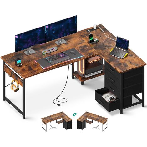 Corner Desk with Drawers, Reversible L Shaped Computer Desk with Power Outlet, USB Charging Port and Host Stand for Home Office