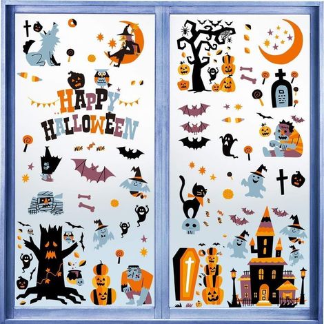 autocollants Halloween pour fenêtres 10 feuilles de décalcomanies réutilisables décorations portes et avec chauves souris sor (1/5)