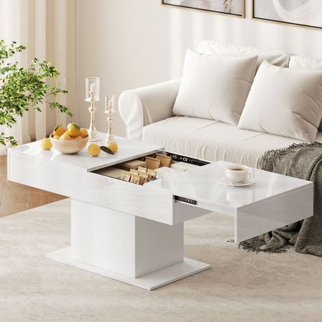 Ausziehbarer Couchtisch mit modernem Staufach, 108–178,5 x 53 x 49 cm, Hochglanzweiß