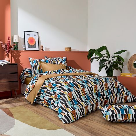 Housse de couette coton géométrique réversible uni Noir 260x240 cm