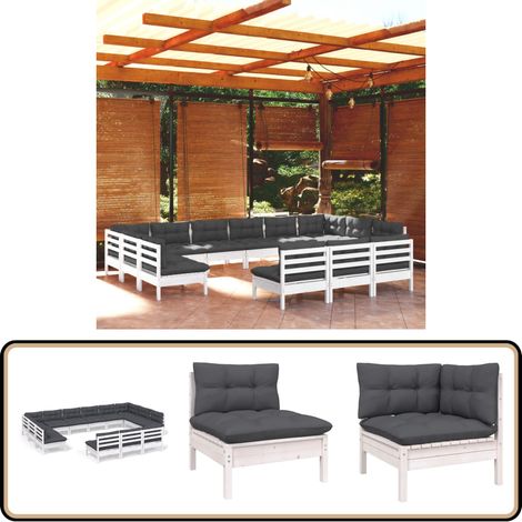13-tlg. Garten-Lounge-Set mit Kissen Weiß Kiefer Massivholz - Garten Lounge Set - Kiefernholzmöbel - Outdoor Möbel - Gartenzubehör - Loungemöbel
