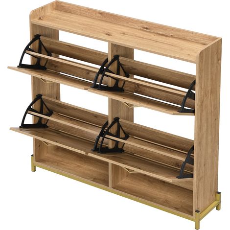Meuble à chaussures en bois avec portes en rotin et cadre métallique, 4 portes, étagère supérieure, couleur bois (1/5)