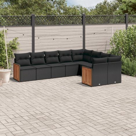 Ensemble Salon Jardin 9 Places Noir Résine Tressée avec Coussins - Meuble Extérieur Modulaire avec Rangement et Housse Lavable (1/3)
