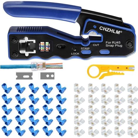 RJ45 Yellow Ethernet Crimping Tool Kit for 8P Cat5 Cat6 Connectors with 50 Covers and 50 Connectors (1/5)