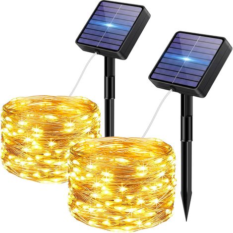 Lot de 2 Guirlande Solaire Exterieur, 5+2 M 50 LED 8 Mode IP65 Étanches Guirlande Lumineuse Solaire Extérieur Avec Mémorisation Pour Clôture Jardin Balcon Décoration Blanc Chaud (1/5)