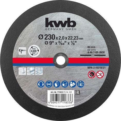 kwb Metall-Trennscheibe 230 x 1,9 mm dünn, Bohrung 22,23 mm für Winkelschleifer, für Edelstahl geeignet (1/3)