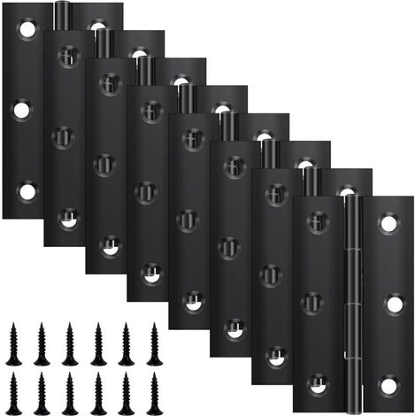 Lot de 8 charnières pliantes 68 mm × 38 mm, charnière en acier inoxydable noir, charnière piano, petite charnière, charnière de porte pour portes, fenêtres, armoires avec 48 vis (1/4)