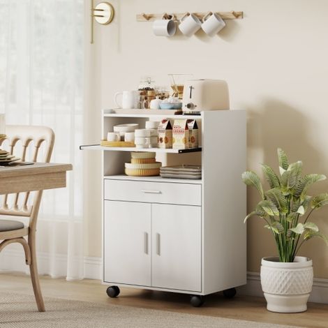 Étagère 59x40x92 cm, armoire micro-ondes, double porte, avec tiroir et roulettes - Blanc (1/5)
