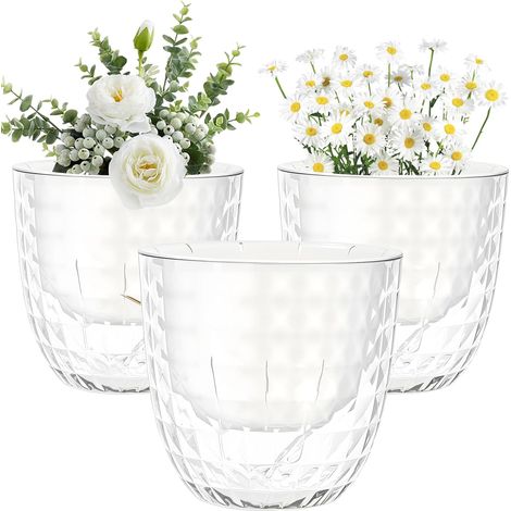 Lot de 3 Jardinière Design Diamant 16 cm, Pots de Fleurs en Plastique avec Système d'Arrosage Automatique par Réservoir, Décoration Balcon Moderne pour Plantes Vertes -Blanc (1/5)
