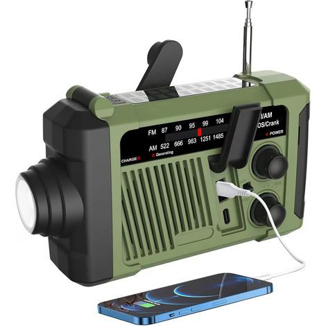 Tragbares AM/FM-Wetterradio mit Warnmeldungen, Notfallradio für den Außenbereich, wiederaufladbar per Solarenergie, Handkurbel oder USB, batteriebetrieben, SOS-Alarm, Taschenlampe und LED-Licht. (1/5)