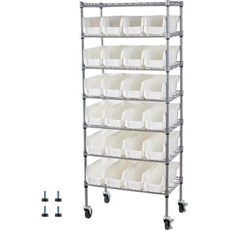 Mophorn Étagère mobile à 7 niveaux avec 24 bacs de rangement, idéale pour garage, entrepôt, salle de classe. Structure en acier avec roulettes pivotantes et freins pour une utilisation pratique.