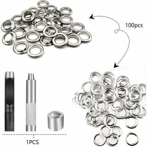 Ösen-Set mit 100 Ösen, 12 mm Innendurchmesser, verzinktes Kupfer-Nickel, für Planen, Zelte, Leder und Bastelarbeiten (1/4)